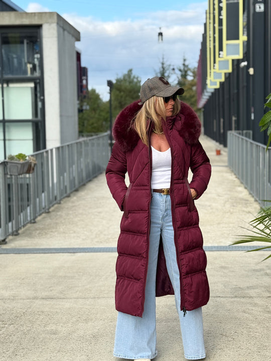 Doudoune longue capuche fourrure Bordeaux 25510
