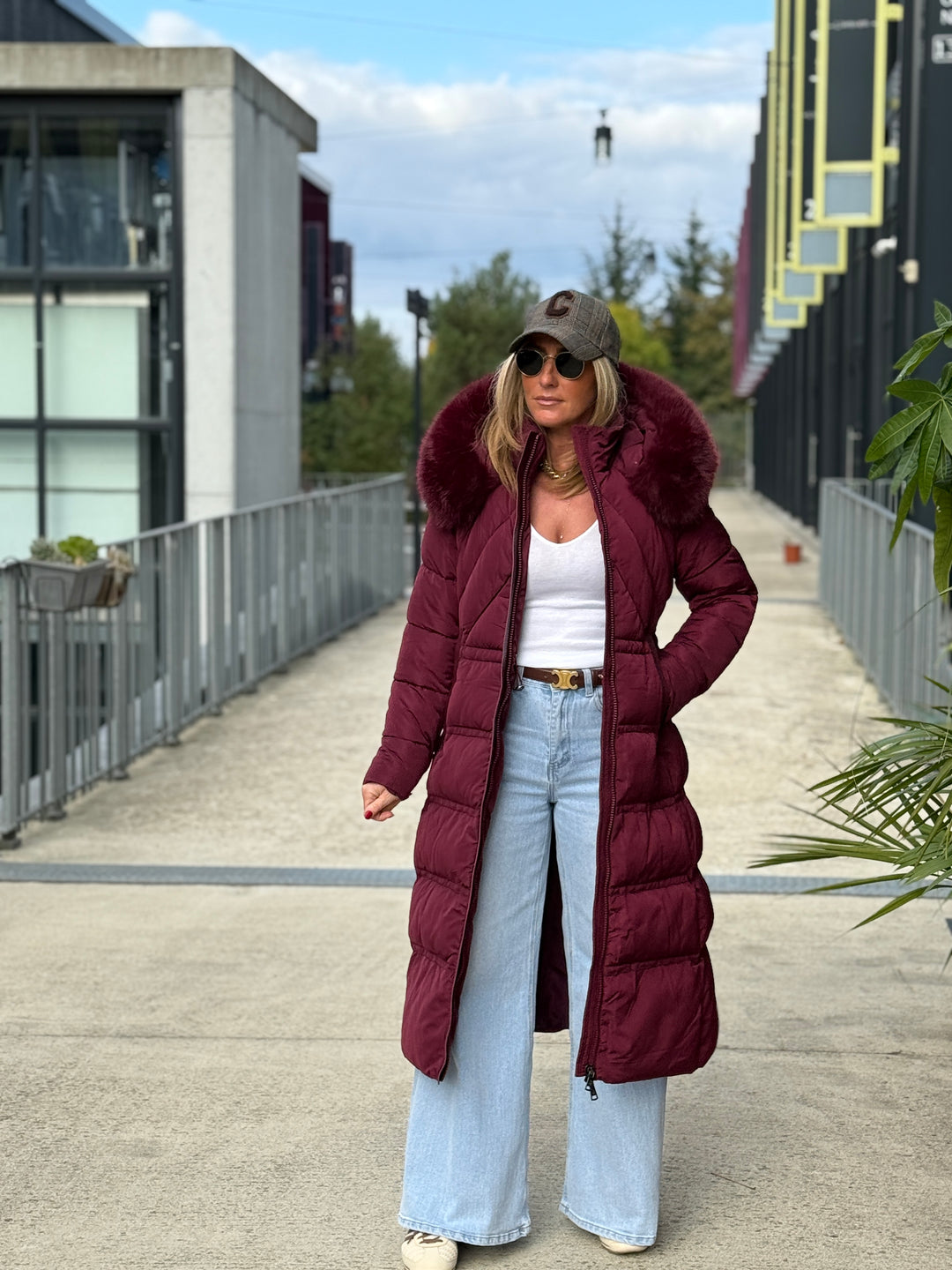 Doudoune longue capuche fourrure Bordeaux 25510
