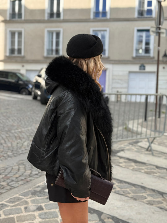 Veste bombers similicuir Capuche fourrure Noir 202317