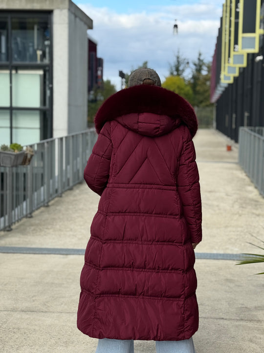 Doudoune longue capuche fourrure Bordeaux 25510