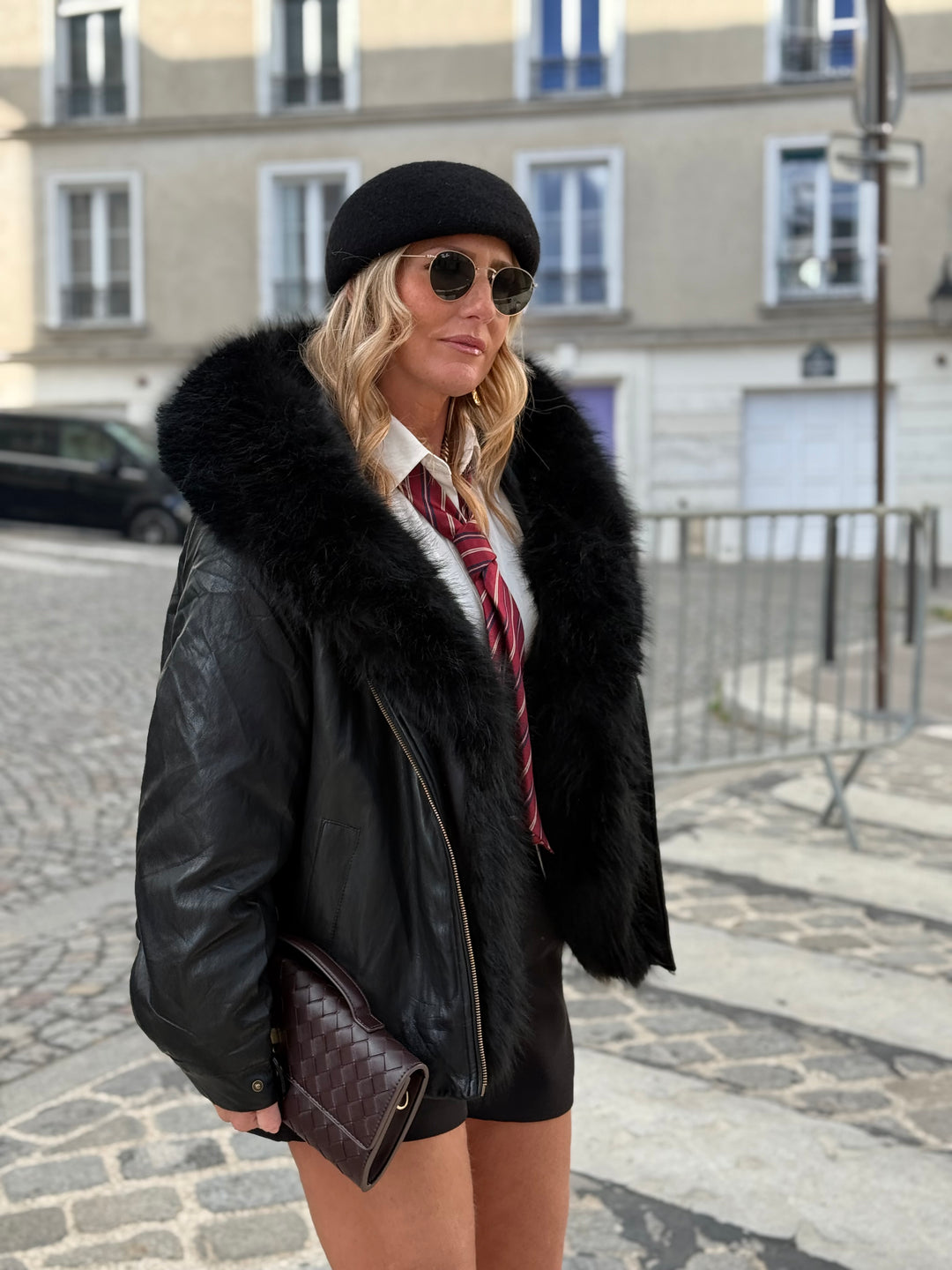Veste bombers similicuir Capuche fourrure Noir 202317