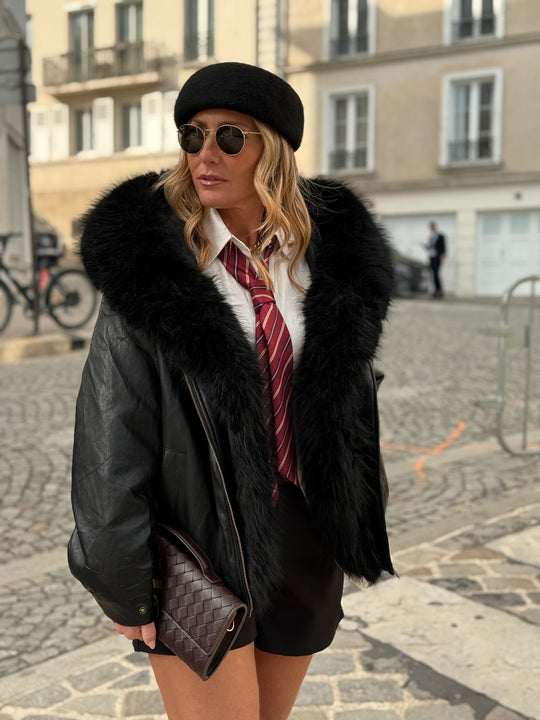 Veste bombers similicuir Capuche fourrure Noir 202317