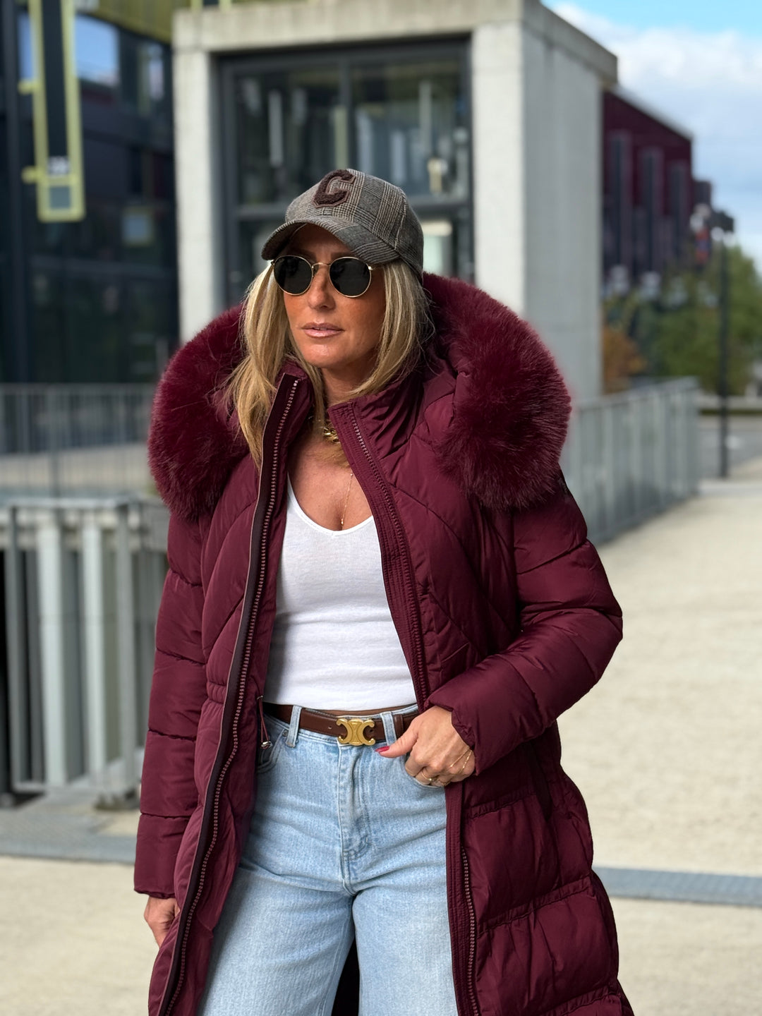 Doudoune longue capuche fourrure Bordeaux 25510