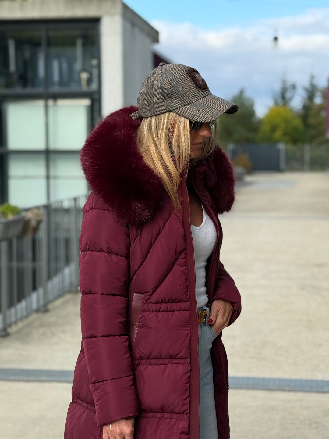 Doudoune longue capuche fourrure Bordeaux 25510