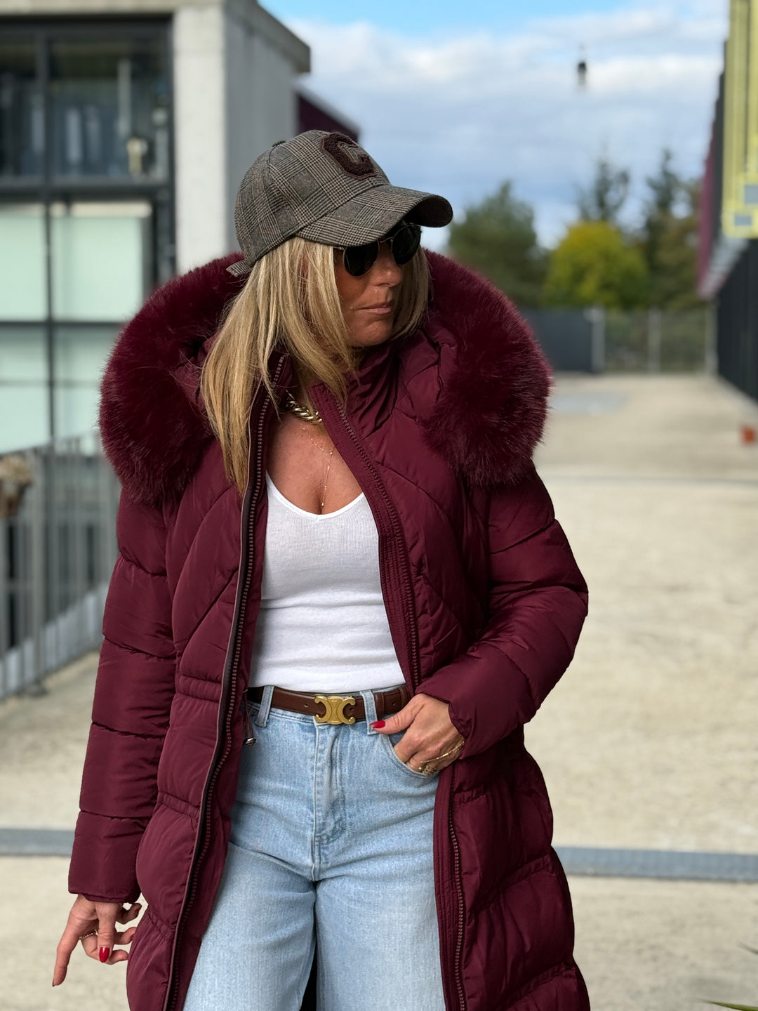 Doudoune longue capuche fourrure Bordeaux 25510