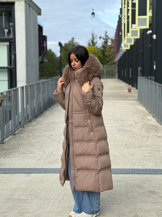 Doudoune longue capuche fourrure TAUPE 25510