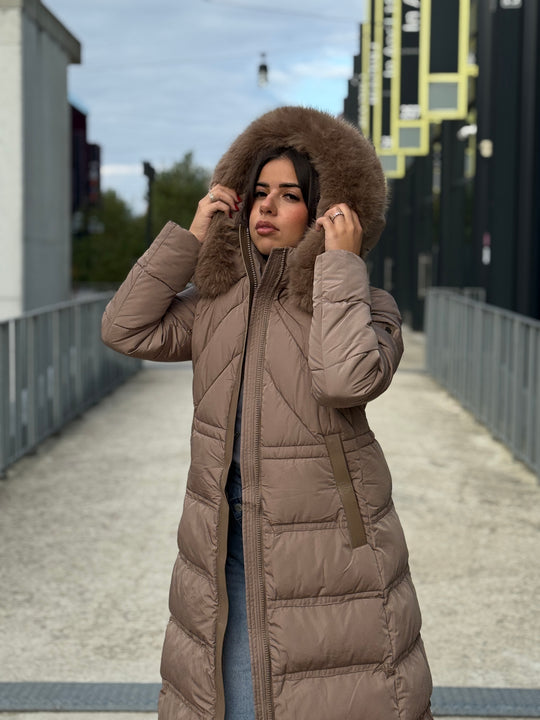 Doudoune longue capuche fourrure TAUPE 25510
