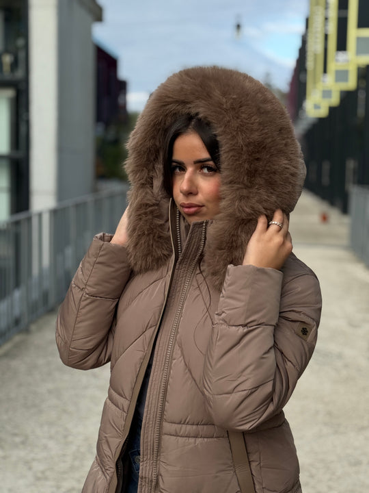 Doudoune longue capuche fourrure TAUPE 25510