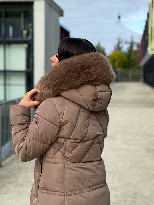Doudoune longue capuche fourrure TAUPE 25510