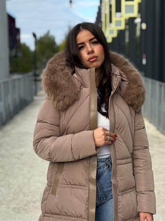 Doudoune longue capuche fourrure TAUPE 25510