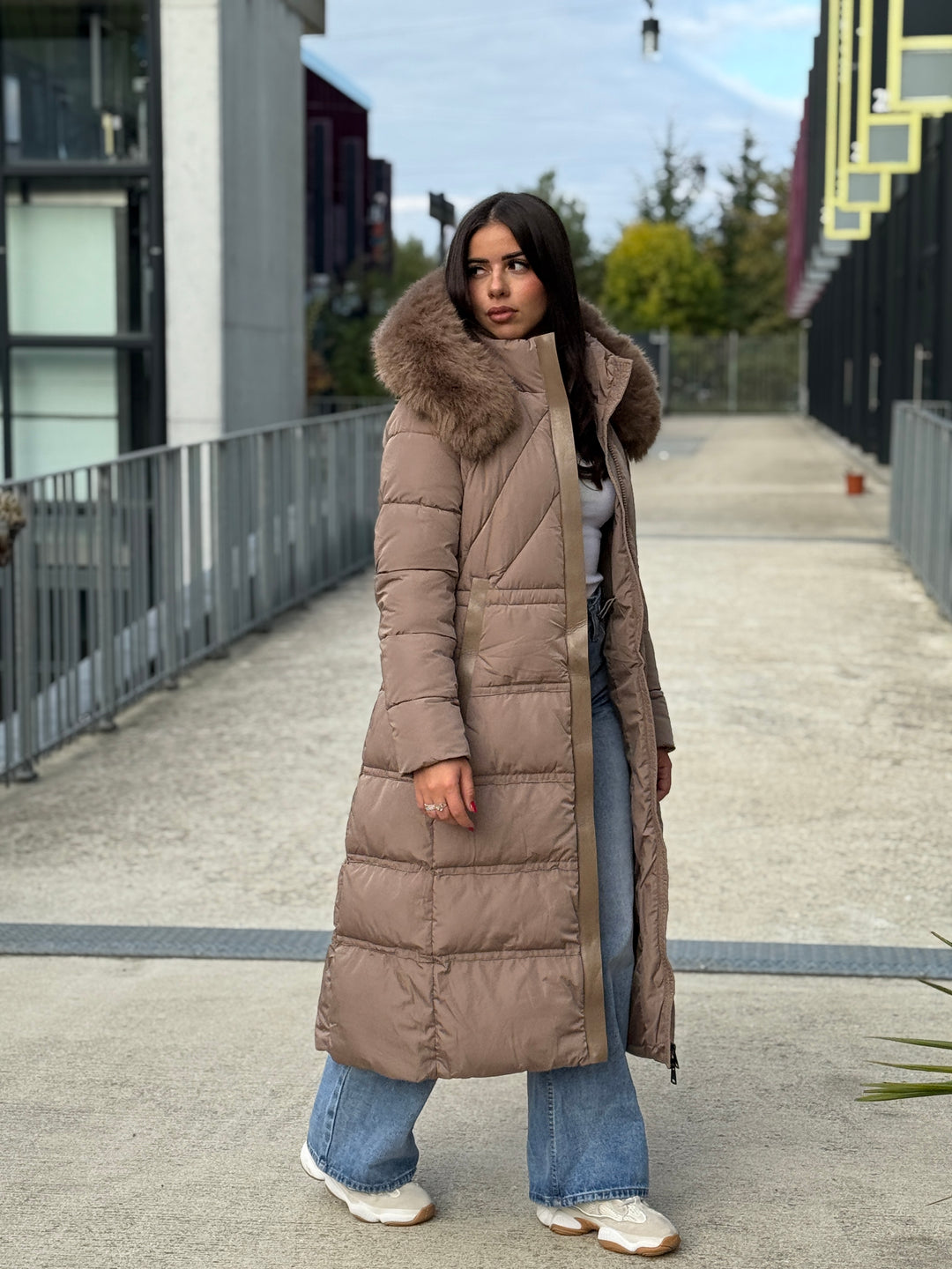 Doudoune longue capuche fourrure TAUPE 25510