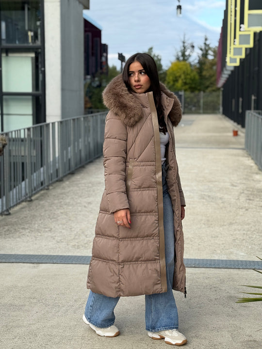 Doudoune longue capuche fourrure TAUPE 25510