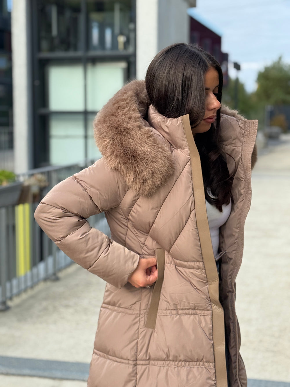 Doudoune longue capuche fourrure TAUPE 25510