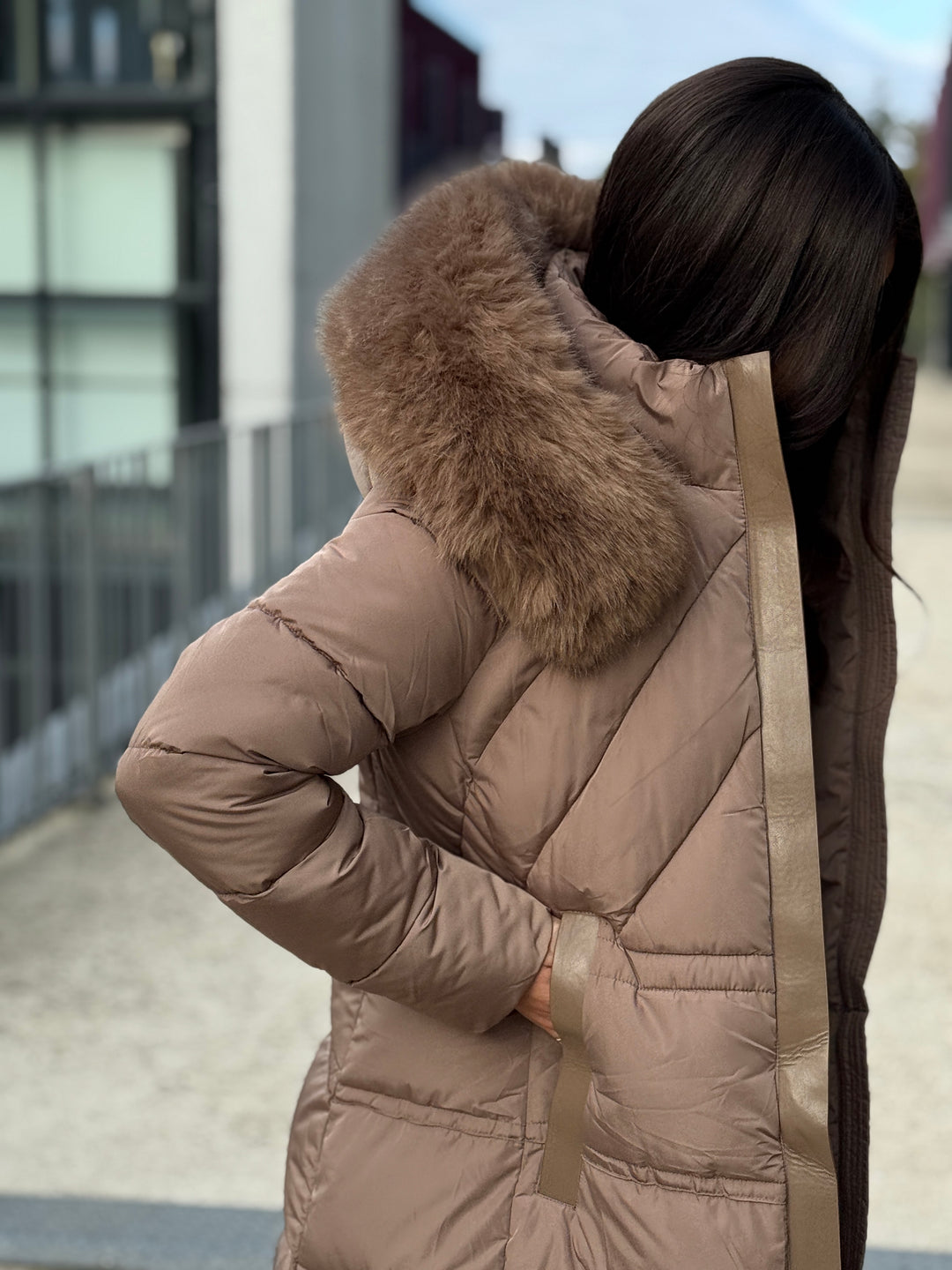 Doudoune longue capuche fourrure TAUPE 25510