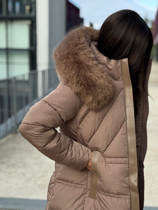 Doudoune longue capuche fourrure TAUPE 25510