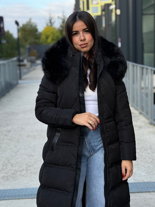 Doudoune longue capuche fourrure noir 25510