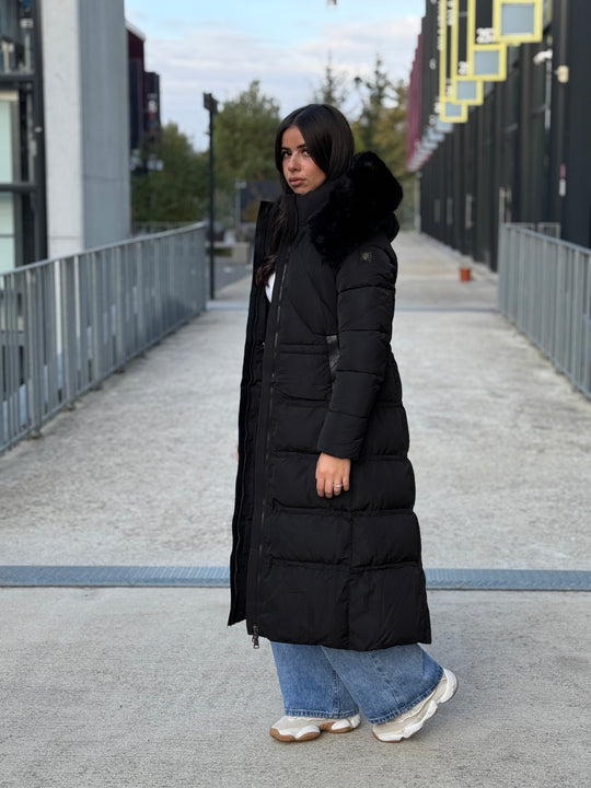 Doudoune longue capuche fourrure noir 25510