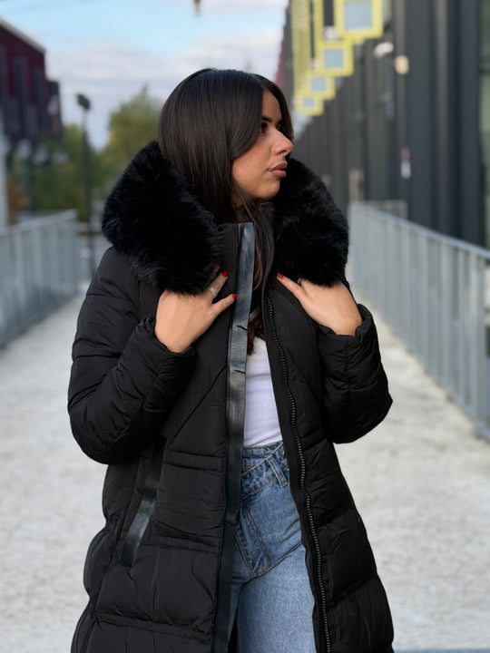 Doudoune longue capuche fourrure noir 25510