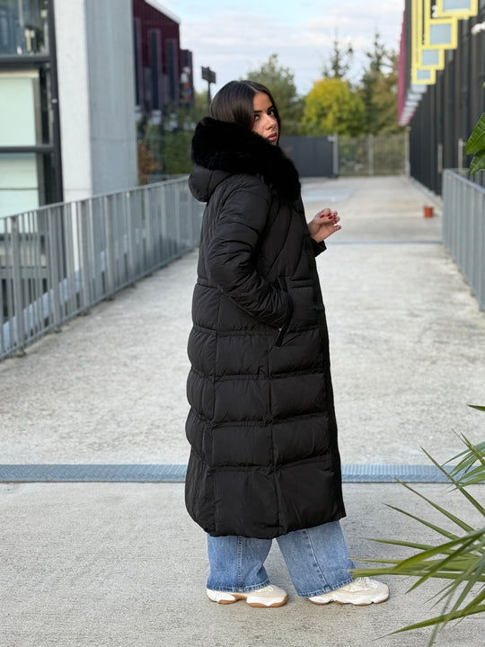 Doudoune longue capuche fourrure noir 25510