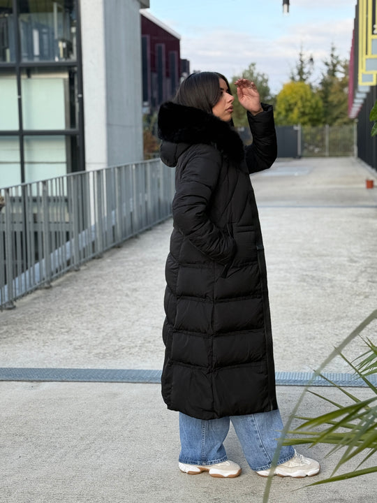 Doudoune longue capuche fourrure noir 25510
