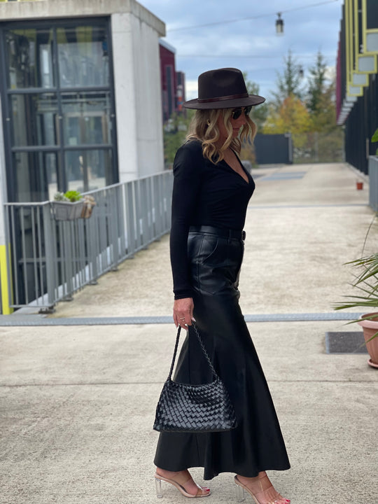 Jupe similicuir longue évasée Noir 7997