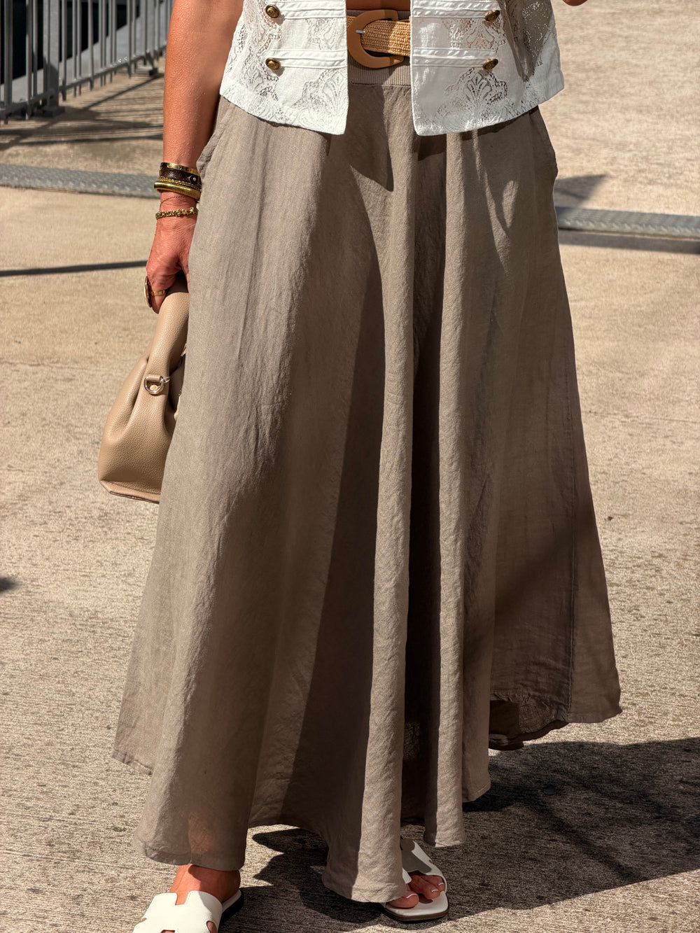 Jupe élastique avec ceinture paille Taupe