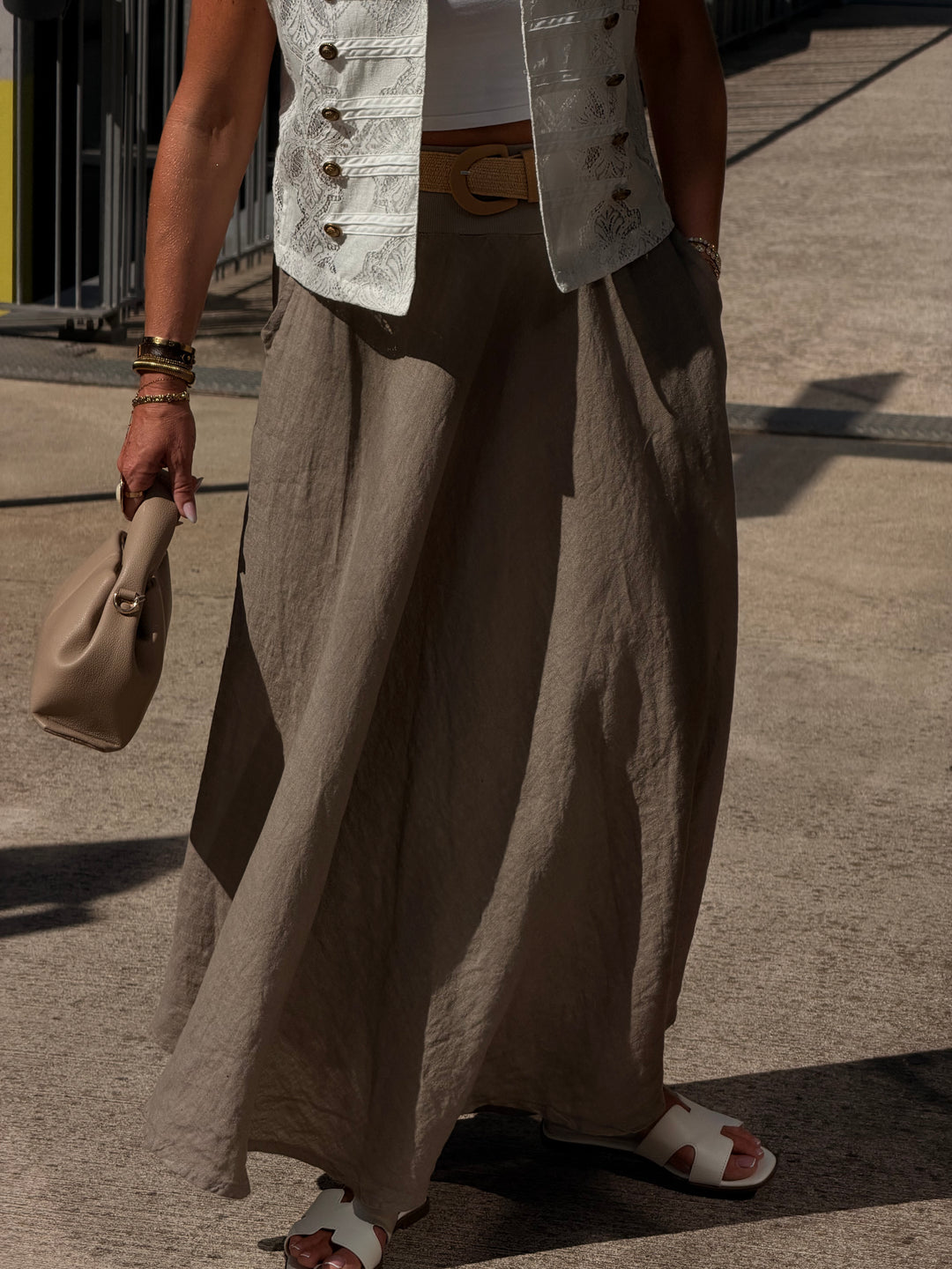 Jupe élastique avec ceinture paille Taupe