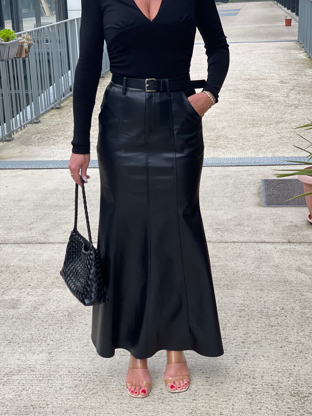 Jupe similicuir longue évasée Noir 7997