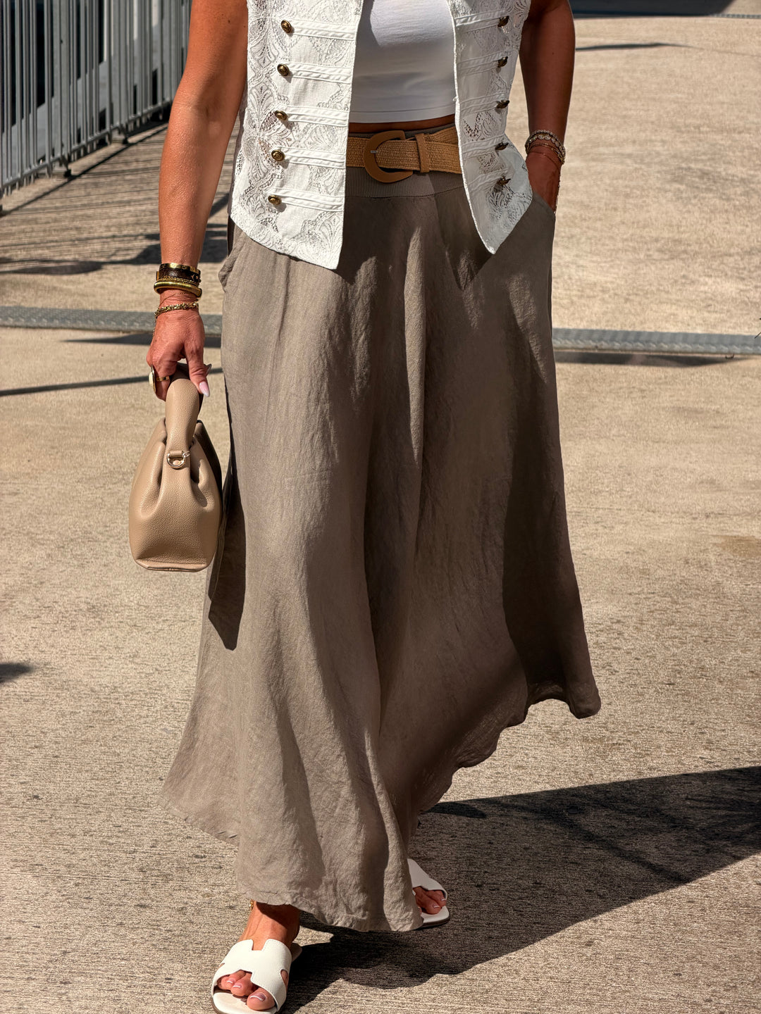 Jupe élastique avec ceinture paille Taupe