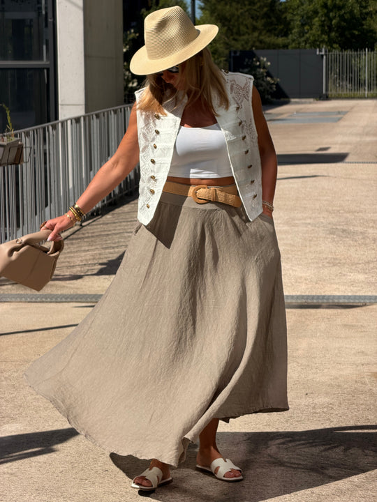 Jupe élastique avec ceinture paille Taupe