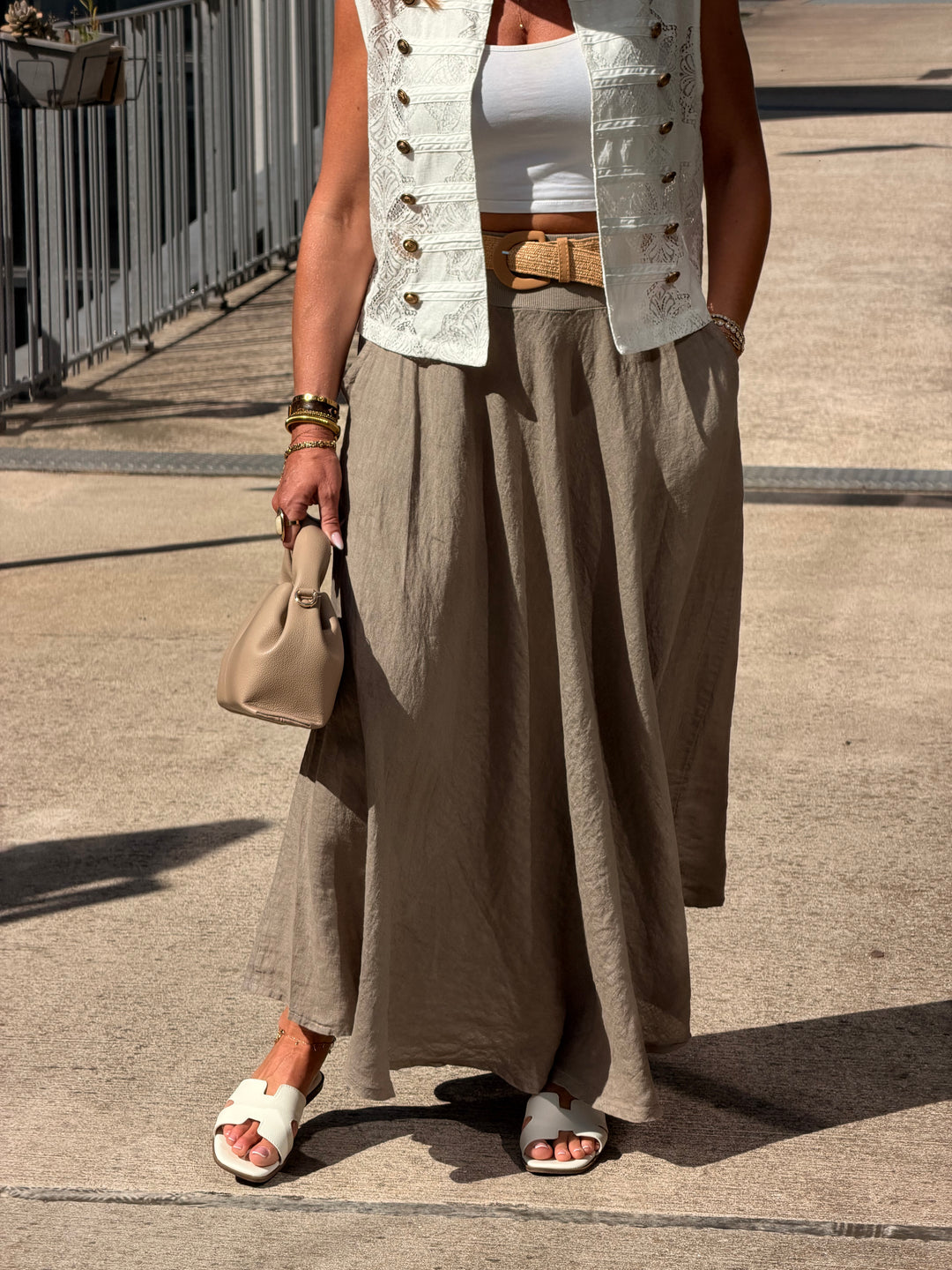 Jupe élastique avec ceinture paille Taupe