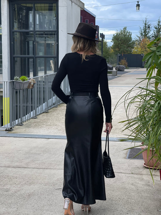 Jupe similicuir longue évasée Noir 7997