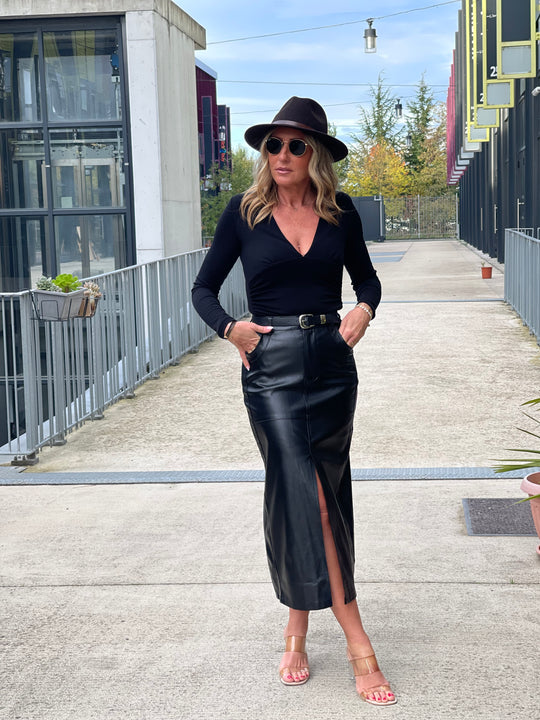 Jupe similicuir tube fente ceinture Noir 7652-1