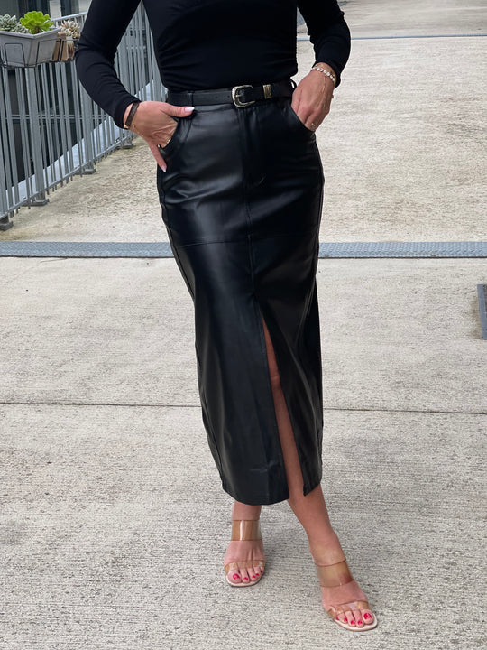 Jupe similicuir tube fente ceinture Noir 7652-1