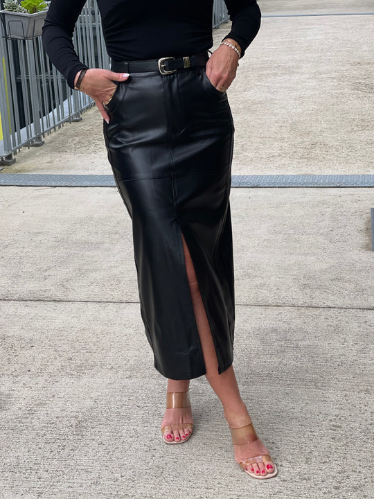 Jupe similicuir tube fente ceinture Noir 7652-1