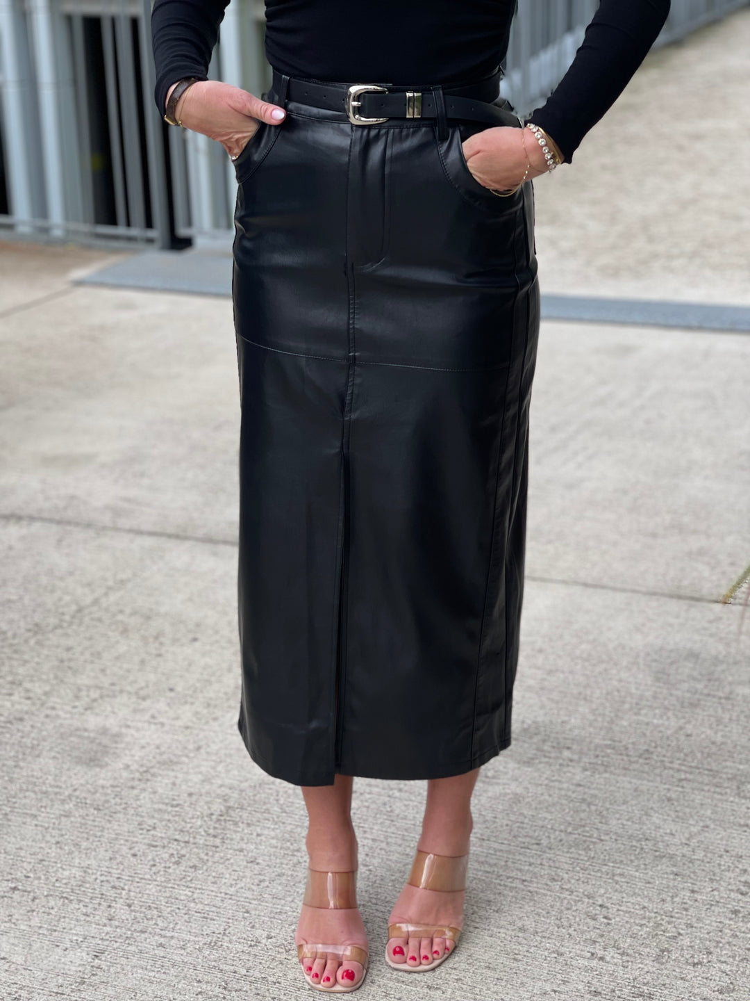 Jupe similicuir tube fente ceinture Noir 7652-1