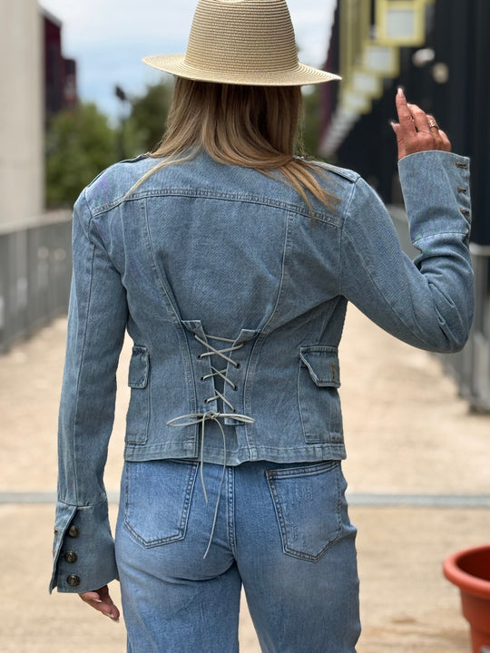 Veste jean officiel Bleu lacets au dos 15722