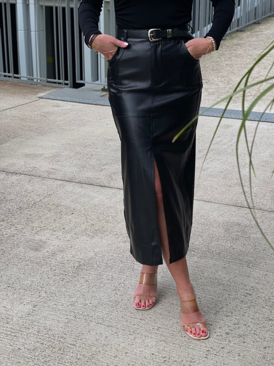 Jupe similicuir tube fente ceinture Noir 7652-1