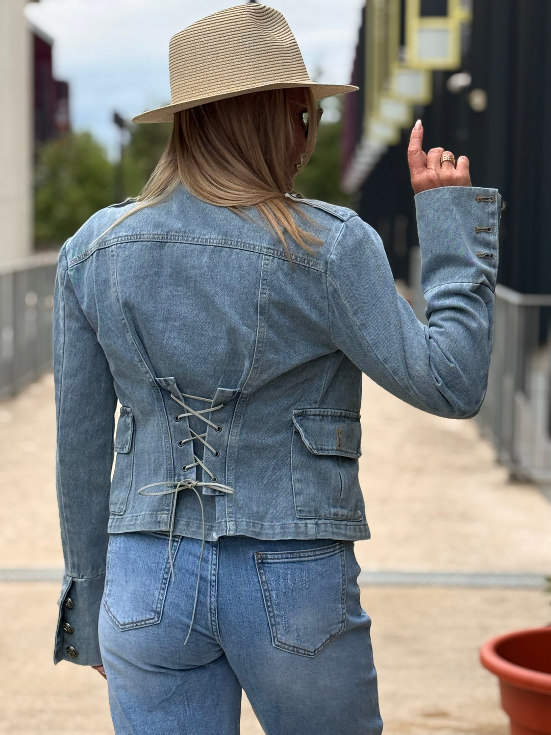 Veste jean officiel Bleu lacets au dos 15722