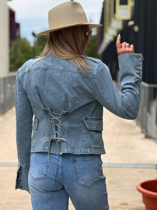 Veste jean officiel Bleu lacets au dos 15722