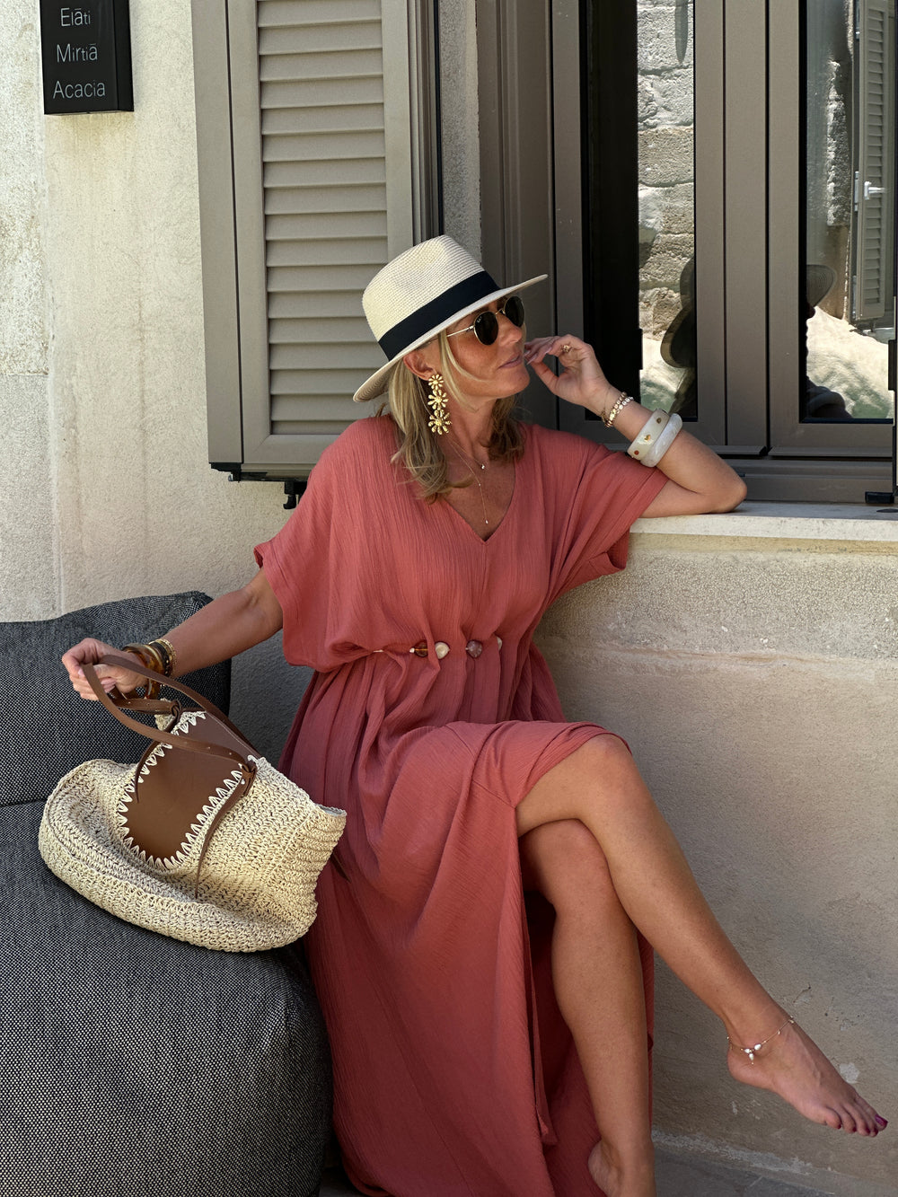 Robe longue ceinture perles 41373 Terracota