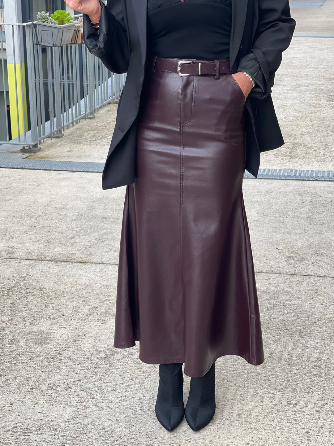 Jupe similicuir longue évasée Bordeaux 2001