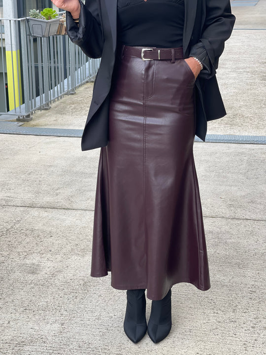 Jupe similicuir longue évasée Bordeaux 2001