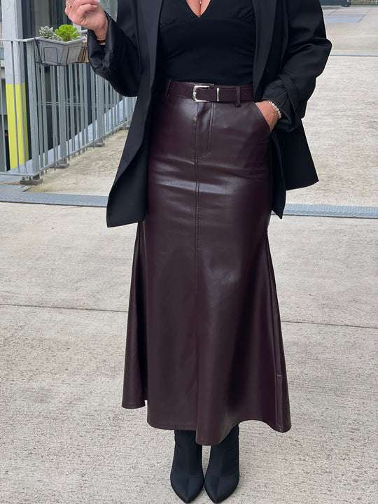 Jupe similicuir longue évasée Bordeaux 2001