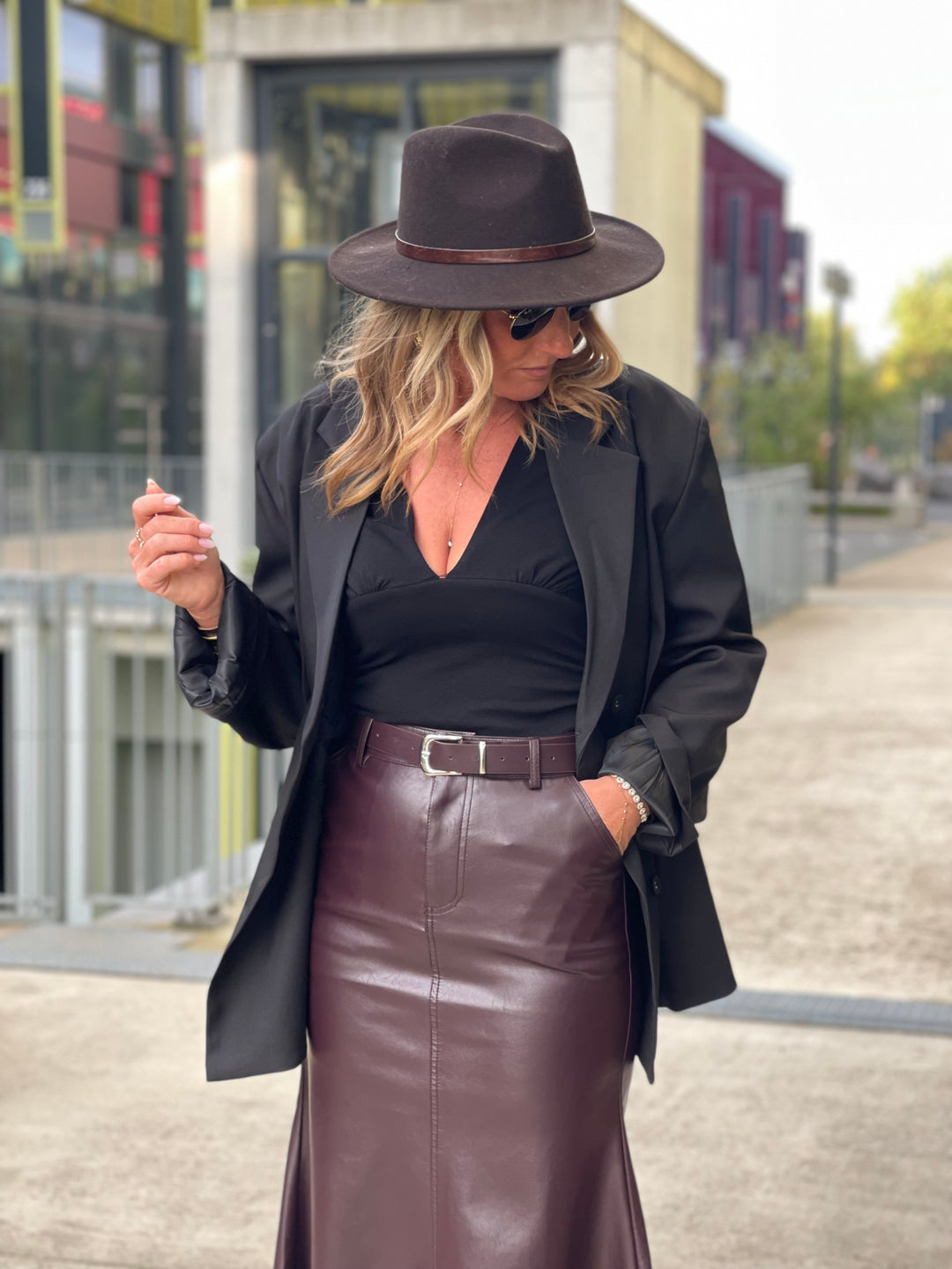 Jupe similicuir longue évasée Bordeaux 2001