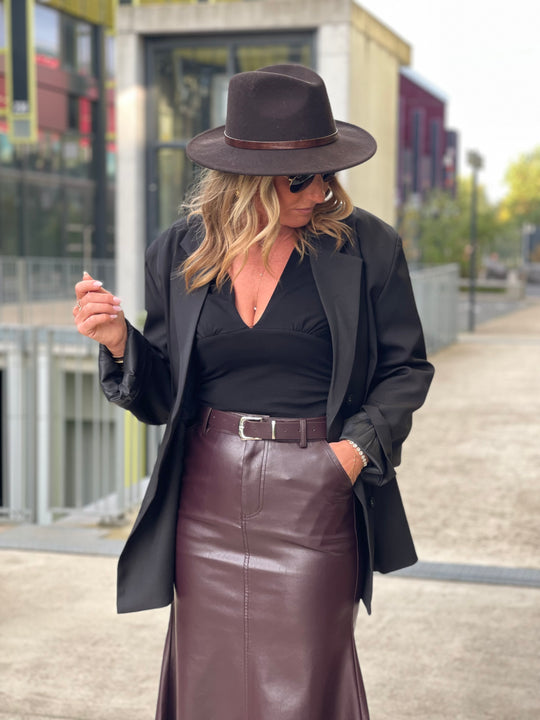 Jupe similicuir longue évasée Bordeaux 2001