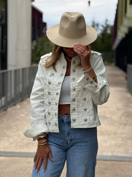 Veste jean officier Blanc 9601 (taille unique )