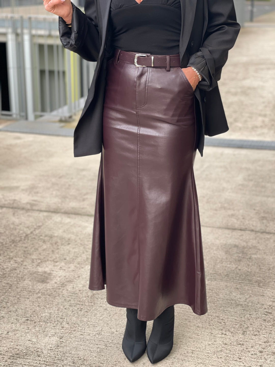 Jupe similicuir longue évasée Bordeaux 2001