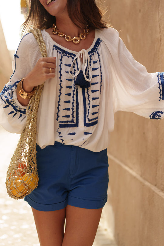 Blouse loose brodé bleu