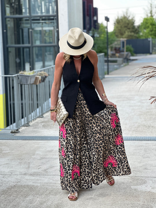 Pantalon léopard brodée fushia (Sojy)